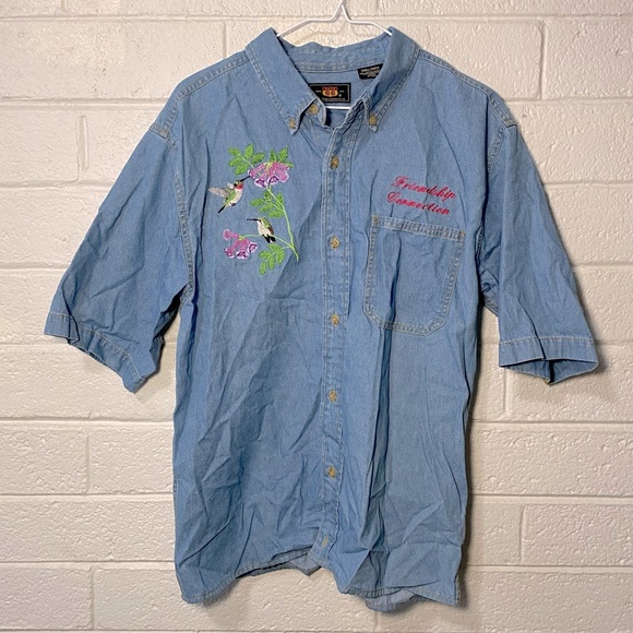 🥹 “ Friendship Connection “ Embroidered Denim Front Pocket Button Up Shirt - Picture 1 of 11